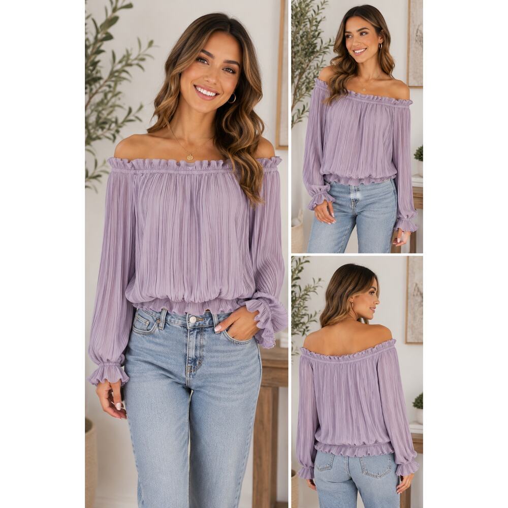 Mod On Trend Lavender Pleated Off Shoulder Blouse Size Medium Boho Romantic Top